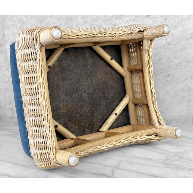 Vintage 70s Coastal Natural Wicker Blue Suede Footstool Ottoman For Sale - Image 10 of 10