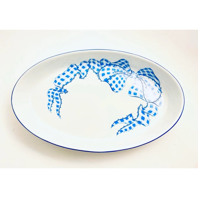 White Vintage Blue Gingham by Howard Kaplan Philippe Deshoulieres Edition Lourioux Oval Porcelaine Baking/Serving Dish For Sale - Image 8 of 8