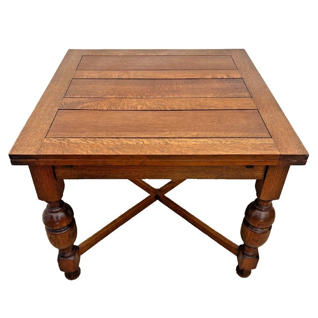 Early 20th Century English Tudor Expansion Table Turned Baluster Legs Quarter Sawn Oak, X-Stretcher For Sale In Palm Springs - Image 6 of 14