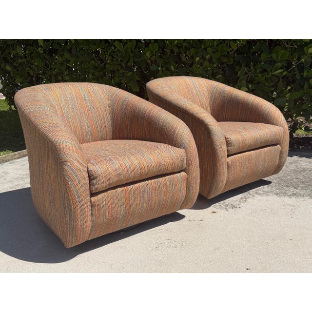 Brown Vintage Milo Baughman Style Sculptural Swivel Barrel Lounge Chairs by Classic Gallery, Pair For Sale - Image 8 of 15