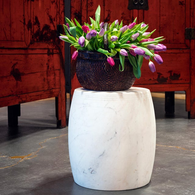 A wide Chinese stone drum carved of solid Dali marble, a refined white marble sourced from historic quarries in Yunnan...