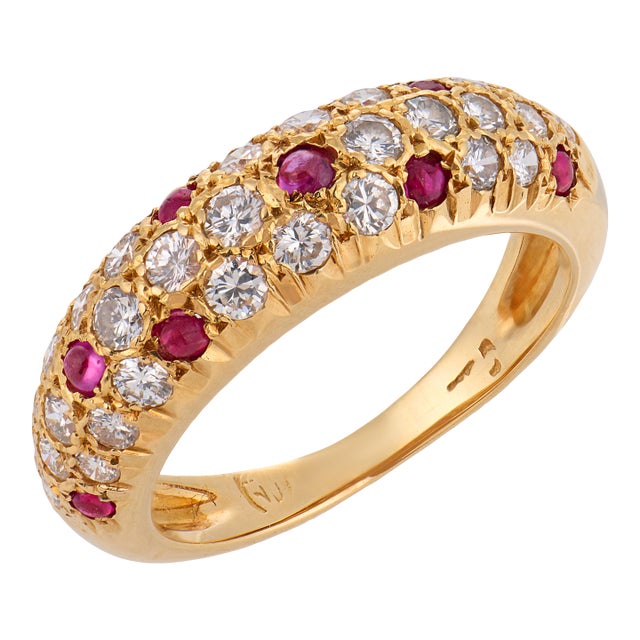Vintage Ruby Diamond 18k Yellow Gold Ring, Size 4.75 For Sale