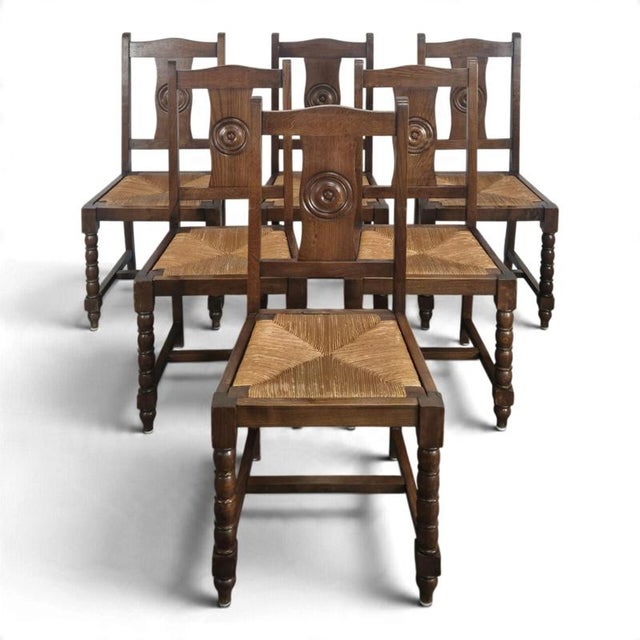 Straw-Seated Chairs with Carved Rosette and Turned Legs, 1920s, Set of 6 For Sale - Image 4 of 4