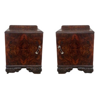 Early 20th Century Pair of Art Deco Side Cabinets or Nightstands with Carved Ebonized Base For Sale