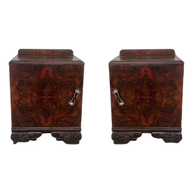 Early 20th Century Pair of Art Deco Side Cabinets or Nightstands with Carved Ebonized Base For Sale