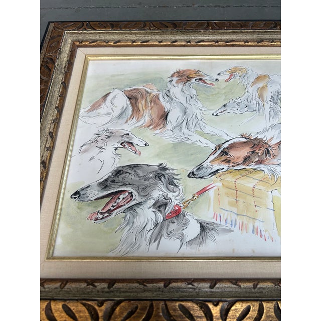 1950’s Original Paulette Lagosse Bozoi Dog Ink Drawing/ Watercolor Painting in Vintage Frame For Sale - Image 4 of 5