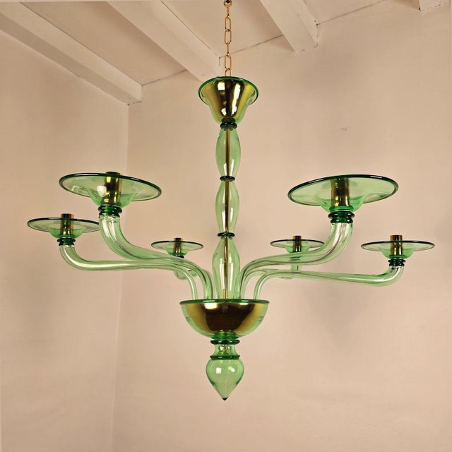 Mid-Century Modern green Murano glass chandelier, attributed to Seguso, Italy 1980s The large chandelier is made of two...