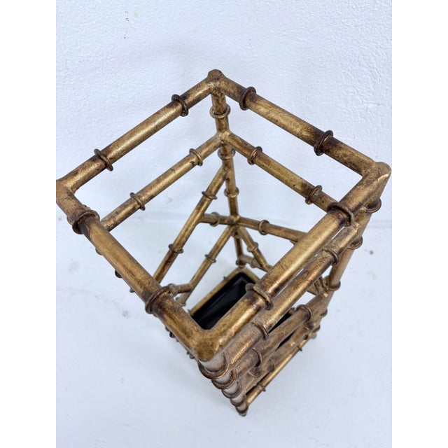 Metal Mid-Century Vintage Gilded Wrought Iron Faux Bamboo Umbrella Stand For Sale - Image 7 of 8