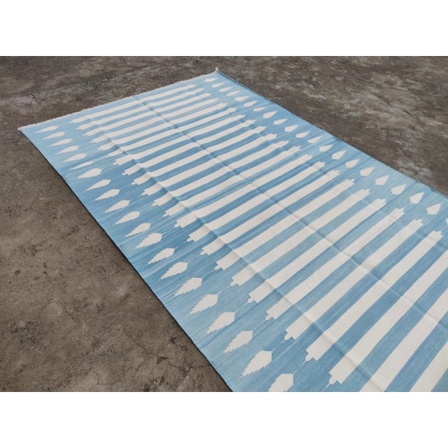 Textile Handmade Cotton Natural Vegetable Dyed Reversible Blue and White Striped Rug - 6'x9' For Sale - Image 7 of 11