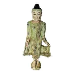 Vintage Green and Gilded Wood Carved Sculpture of a Thai Standing Buddha
