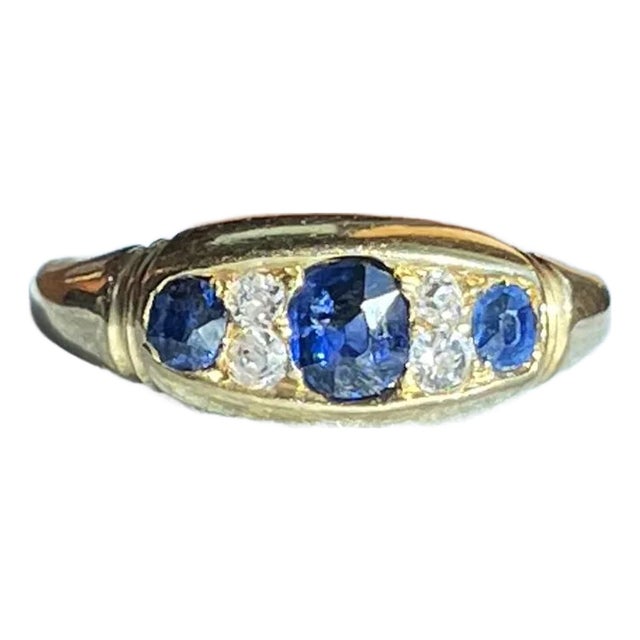 Circa 1890 Victorian 18k Gold Sapphire and Diamond Boat Ring For Sale