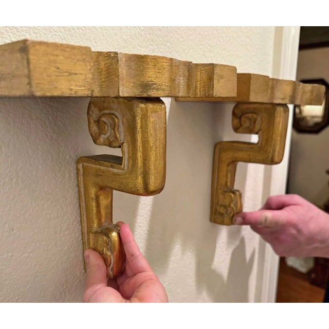 1930s Art Deco Carved Gilt Wood Wall Brackets / Shelves - A Pair For Sale - Image 12 of 12