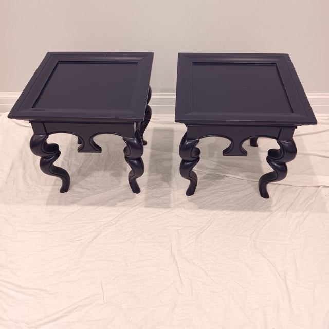 Mid Century Modern/Hollywood Regency/French Provincial Solid Wood Navy Blue End Table - A Pair These timeless and...