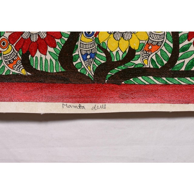 Folk Art Mamta Devi, 2016 National Award Winner – Hand-Painted Madhubani Folk Painting on Canvas, Tree of Life With Colorful Birds & Red-Yellow Flowers For Sale - Image 3 of 4