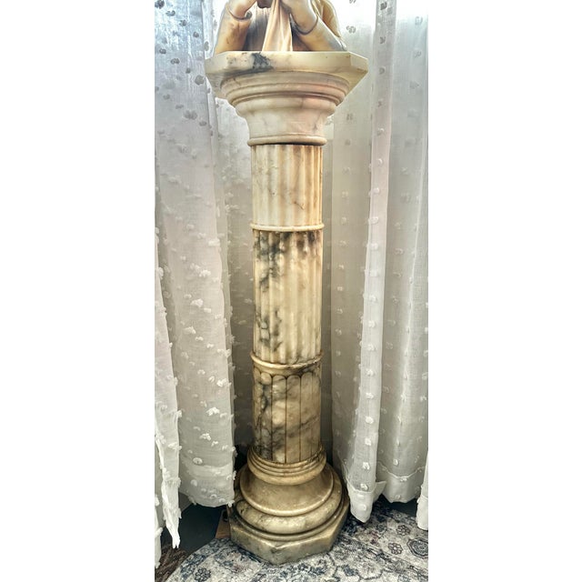 Stone 19th Century Italian Alabaster Bust of “The Sewing Girl” on Marble Pedestal, Neoclassical Sculpture For Sale - Image 7 of 12