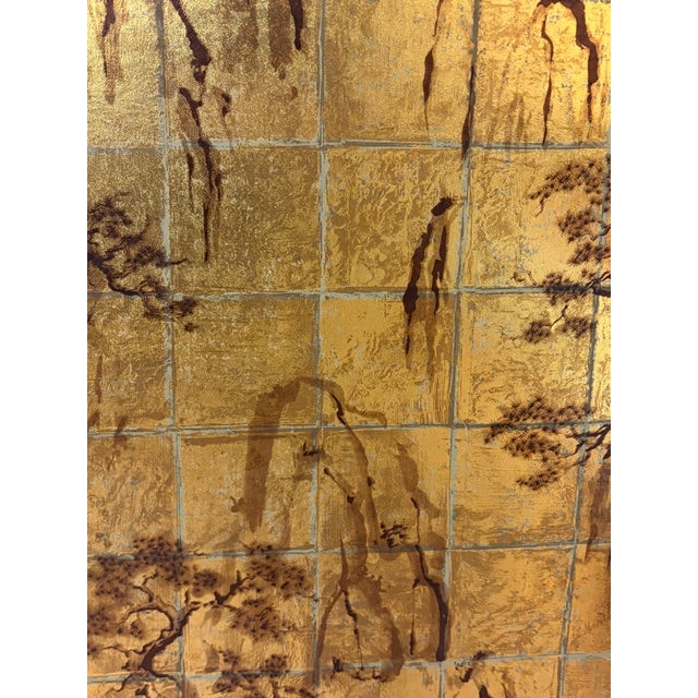 Mid Century Large Wood Asian Screen in a Gold Landscape Design - Reverse Is Floral For Sale In New York - Image 6 of 12