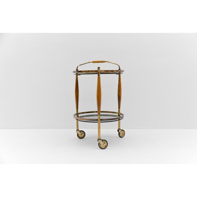 Mid-Century Modern Regency Style Serving Trolley in Smoked Glass and Wood, 1960s For Sale - Image 4 of 12
