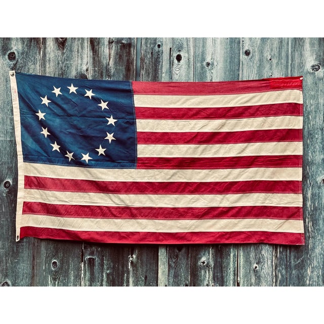 Blue Real Vintage Betsy Ross American Revolutionary Flag 13 Stars Cotton 1976 With Beautiful Naturally Faded Patina and Wear. For Sale - Image 8 of 8