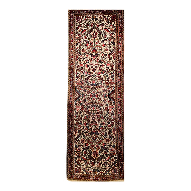 Vintage Persian Heriz Runner, Handwoven Wool, Allover Geometric Pattern, Ivory & Red, 3’ X 9’ For Sale