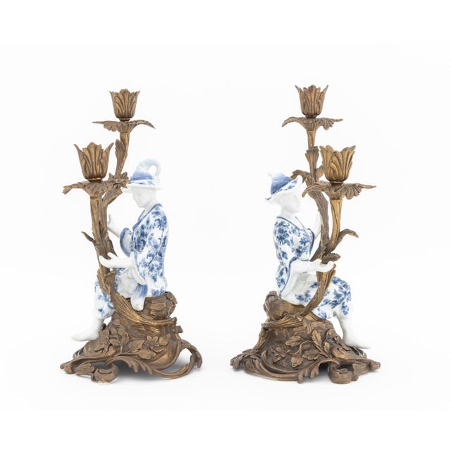 Metal Chinoiserie Porcelain and Brass Candlesticks, Pair For Sale - Image 7 of 9