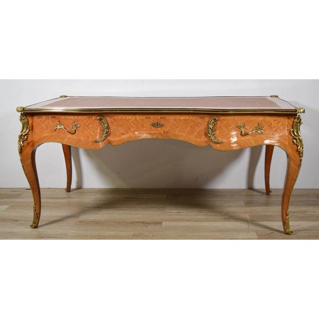 Early 20th Century Fine French Louis XVI Style Marquetry Executive Desk With Leather Top For Sale - Image 4 of 16