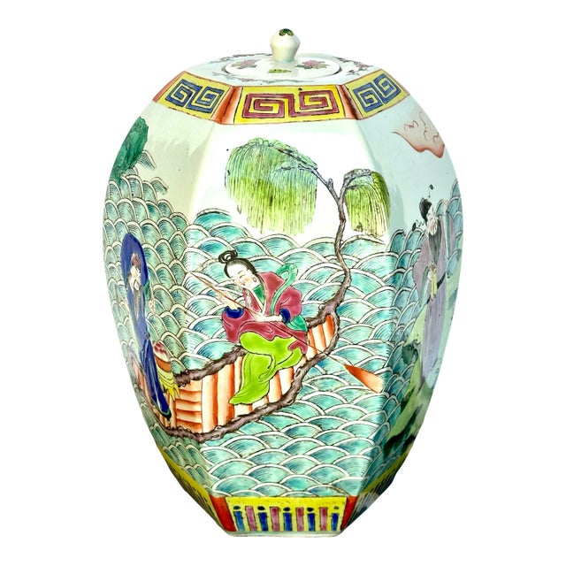 Mid 20th Century Chinese Melon Hexagonal Ginger Jar With Figural Scenes For Sale