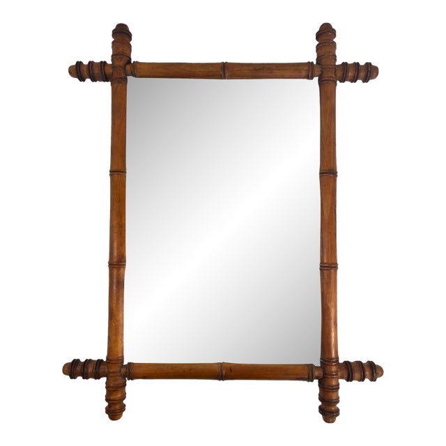 Early 1900's Antique French Faux Bamboo Turned Wood Wall Mirror For Sale