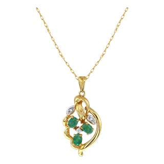 Oval Cluster Emerald with Diamond Accent Necklace 16" For Sale