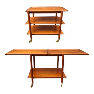 Mid 20th Century Scandinavian Modern Teak Three-Tier Expandable Rolling Cart For Sale