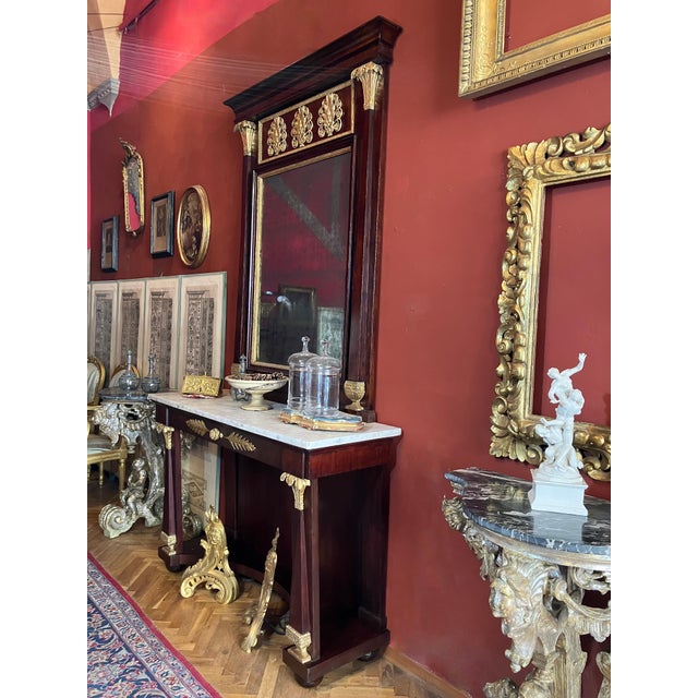 Italian Empire Mahogany and Parcel Gilt Console with Mirror and Carrara Marble Top For Sale - Image 13 of 18