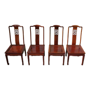 1920s Antique Chinese Ming Style Rosewood Dining Chairs With Hand Carved Flower and Bird Design- Set of 4