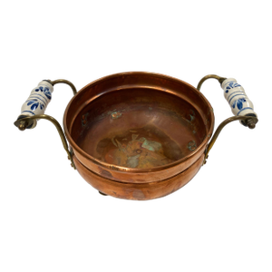 Antique Footed Copper Cachepot With Delft Style Ceramic Handles