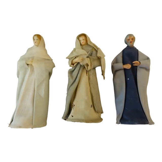 Set of 14 Wax and Fabric Nativity Figurines, 1800s, Textile For Sale