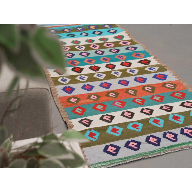 1970s Vintage Handmade Wool Cotton Blue Runner Rug For Sale - Image 9 of 11