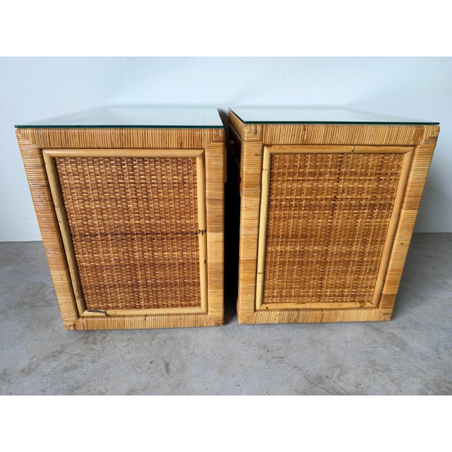 Brown Vintage Coastal Palm Beach Rattan & Woven Cane Nightstands With Glass Tops — A Pair For Sale - Image 8 of 12