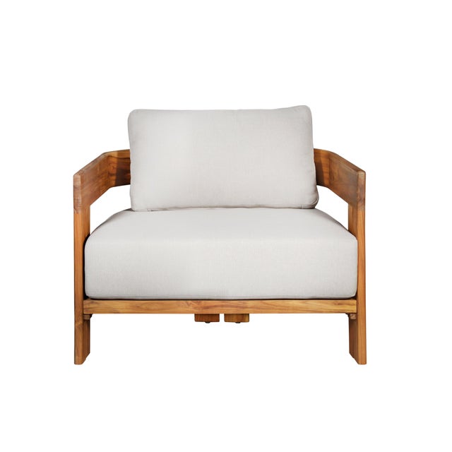Modern Paradiso Outdoor Solid Teak Wood Chair - Grey Fabric For Sale - Image 3 of 9