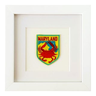 Maryland Red Crab Vintage Patch in White Wood Frame For Sale