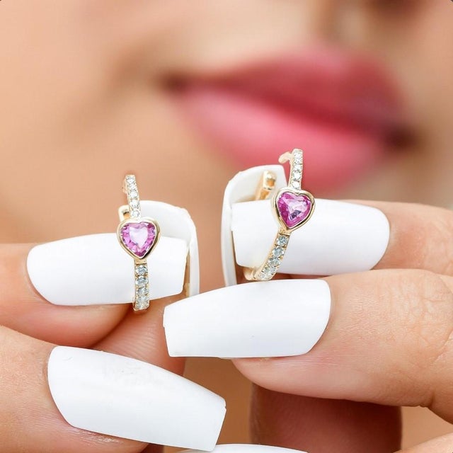 Contemporary 0.49 cts Natural pink sapphire & 0.18 cts diamond earrings in 14k gold For Sale - Image 3 of 18