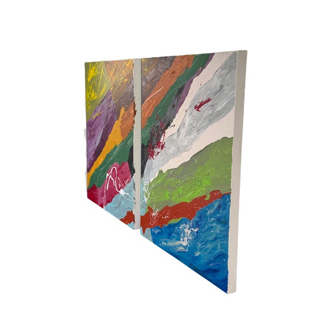 Mid-Century Modern Late 20th Century Original Signed Elbirt Abstract Expressionist Diptych – Vibrant Impasto Contemporary Art on Canvas For Sale - Image 3 of 8