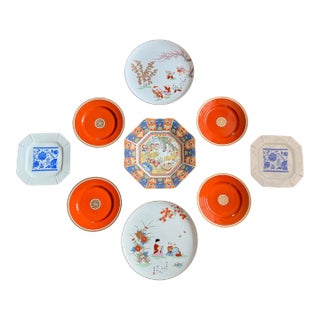 Late 20th Century Chinoiserie, Blue and White and Orange Plate Wall Grouping or Arrangement- Set of 9 For Sale