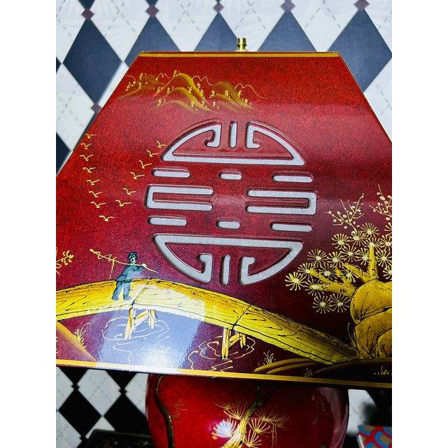 1980s Chinoiserie Red Lacquer Table Lamps Pair Large Chinese With Pagoda Shades For Sale - Image 4 of 10