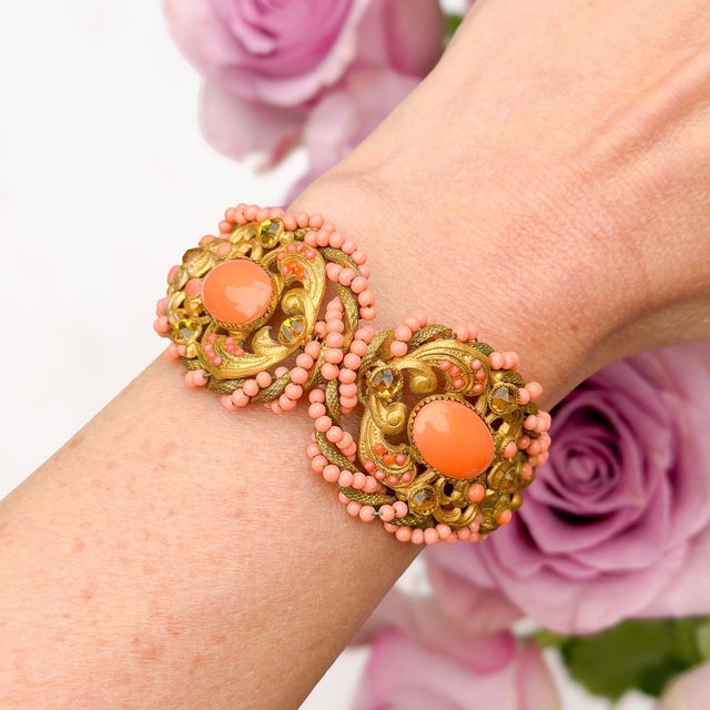 Vintage Coral Glass and Yellow Rhinestone Clamper Cuff, 1940 For Sale - Image 4 of 11