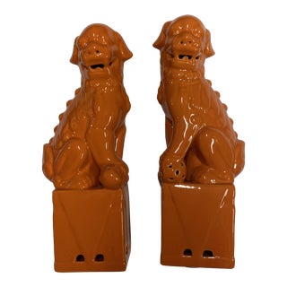 Orange Ceramic Foo Dog Bookends - a Pair For Sale