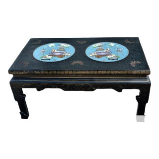 Wood Coffee Table Painted Black Lacquer Chinese Cloisonne Enamel Panels 36" For Sale
