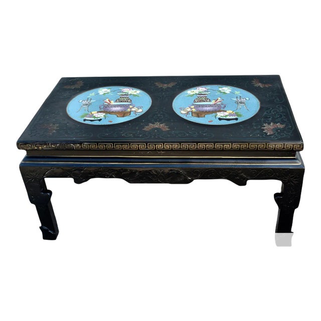 Wood Coffee Table Painted Black Lacquer Chinese Cloisonne Enamel Panels 36" For Sale