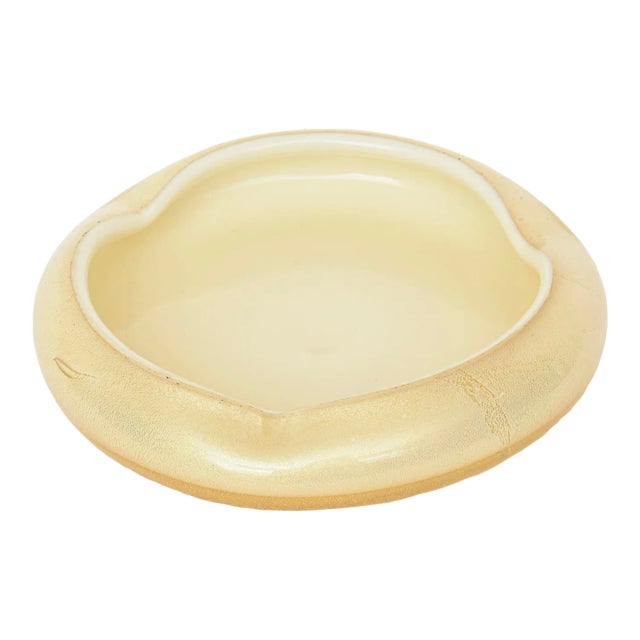 Vintage Murano Style Gold Aventurine and Gold Dust Low Scalloped Bowl White Rim For Sale