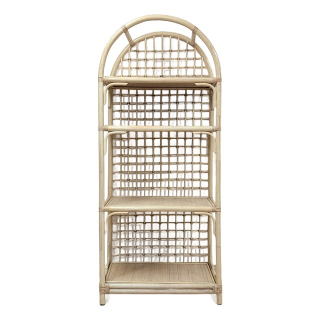 Vintage Arched Blonde Rattan Lattice Etagere Coastal Boho Hollywood Regency For Sale