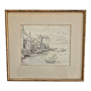 Late 19th Century Antique Pencil Drawing Scketch Landscape of Montone France Attributed to Frederic-Anatole Houbron Framed With Glass For Sale