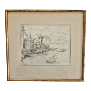 Late 19th Century Antique Pencil Drawing Scketch Landscape of Montone France Attributed to Frederic-Anatole Houbron Framed With Glass