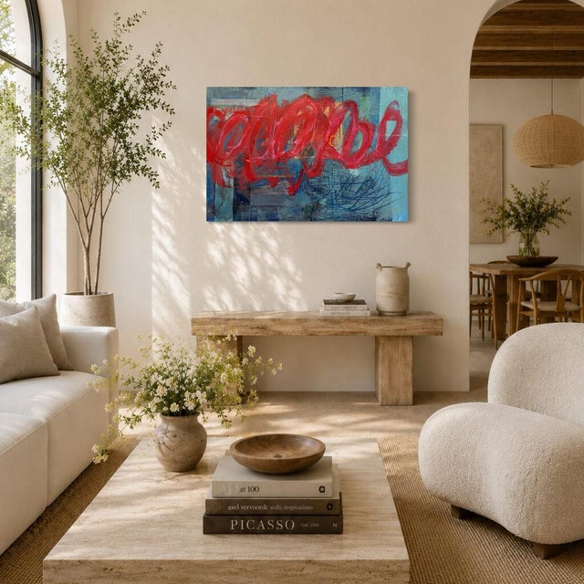 2020s Christiane Corcelle "Rouge Pour Toujours I" Acrylic and Collage on Canvas, Abstract Painting With Red Loops on Teal Blue, 2026 For Sale - Image 5 of 6